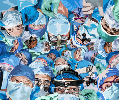 Abstract illustration of diverse women in surgical masks looking down performing surgery together.