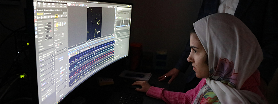A researcher looks at data on a monitor.