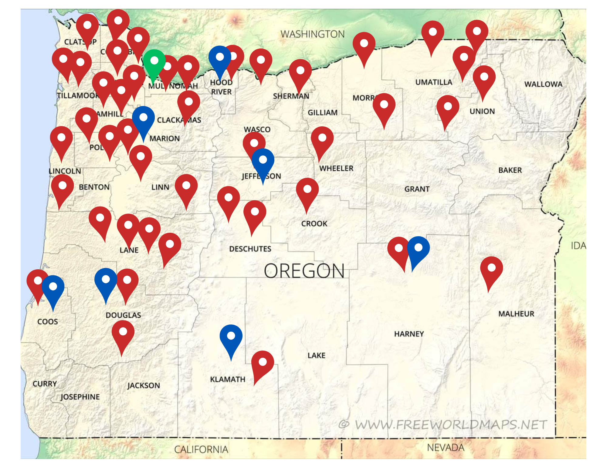 Map of the state of Oregon. There are red, blue and green map pins indicating program service areas.