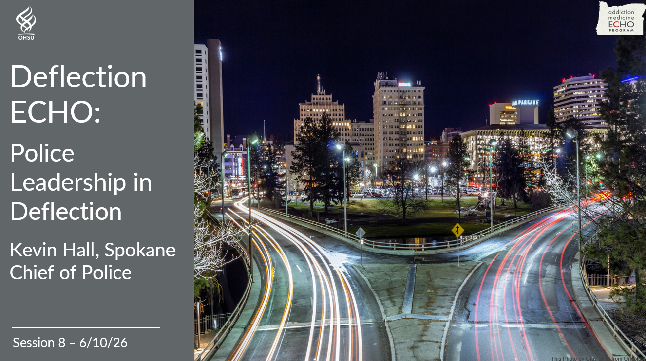 Photograph of a cityscape at night showing light trails from vehicles on a multi-lane road curving around a central green space with buildings illuminated in the background. The left side features the presentation title "Deflection ECHO: Police Leadership in Deflection" by Kevin Hall, Spokane Chief of Police, dated 6/10/26.