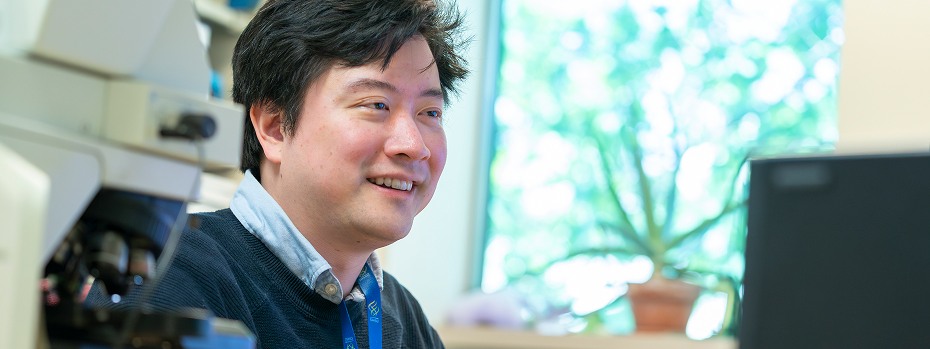 Dr. Brian Mau, assistant professor of Pathology and Laboratory Medicine at OHSU sits at a desk analyzing information on a computer.