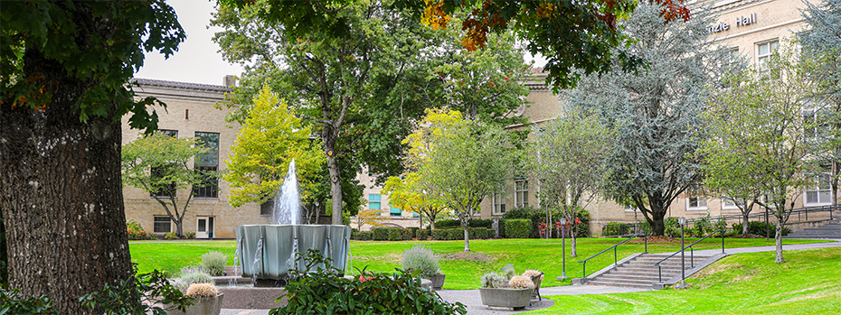 Mac Hall courtyard on a clear day on the OHSU campus.