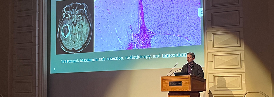 Dr. Matthew Wood, associate professor, medical director and fellowship program director for neuropathology, presents at OHSU’s Pathology Research Day.