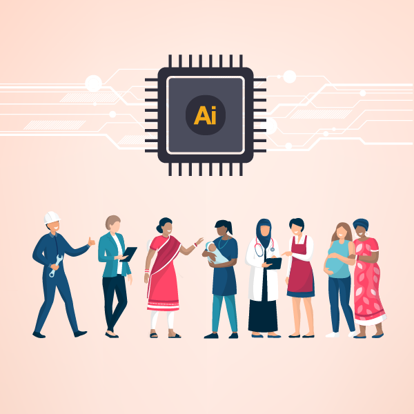 People of various vocations standing beneath a AI computer chip.
