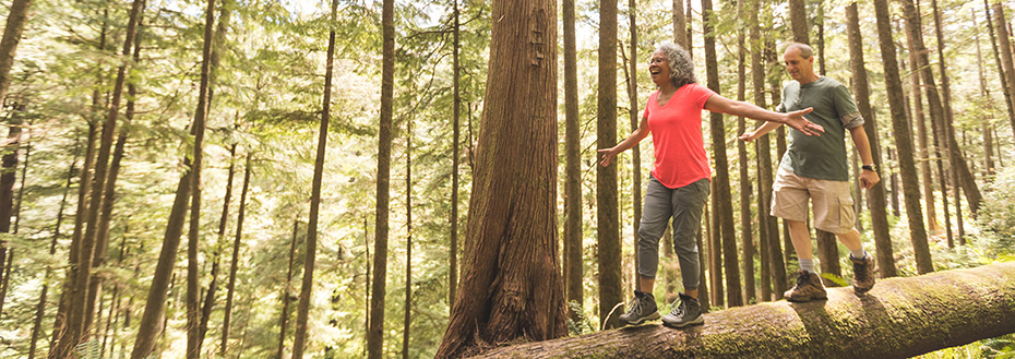 A senior couple explores the Pacific Northwest together on a day hiking trip. They are walking across a log in the forest. She is in front and they have their arms out for balance as they inch across.