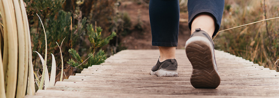 Close-up of a hiker's shoes on a wooden boardwalk amid nature.