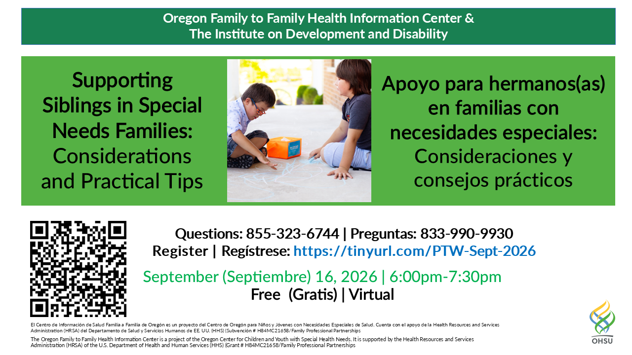 Bi-lingual flyer inviting families to learn about sibling support