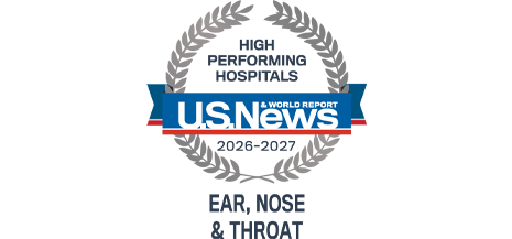 A silver badge that reads "High Performing Hospitals" for "Ear, Nose & Throat" along with the U.S. News & World Report logo and the years 2026-2027.