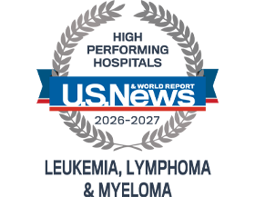 A silver badge that reads "High Performing Hospitals" for "Leukemia, Lymphoma & Myeloma" along with the U.S. News & World Report logo and the years 2026-2027.