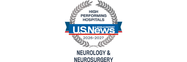 A silver badge that reads "High Performing Hospitals" for "Neurology & Neurosurgery" along with the U.S. News & World Report logo and the years 2026-2027.