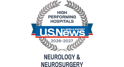 A silver badge that reads "High Performing Hospitals" for "Neurology & Neurosurgery" along with the U.S. News & World Report logo and the years 2026-2027.