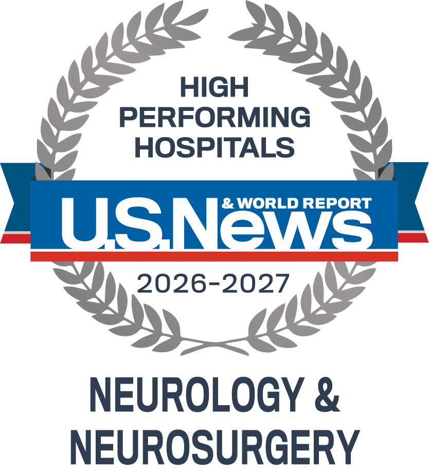 A silver badge that reads "High Performing Hospitals" for "Neurology & Neurosurgery" along with the U.S. News & World Report logo and the years 2026-2027.
