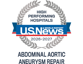 A silver badge that reads "High Performing Hospitals" for "Abdominal Aortic Aneurysm Repair" along with the U.S. News & World Report logo and the years 2026-2027.
