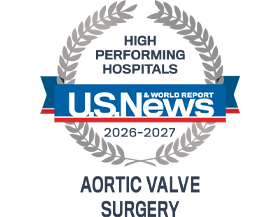 A silver badge that reads "High Performing Hospitals" for "Aortic Valve Surgery" along with the U.S. News & World Report logo and the years 2026-2027.