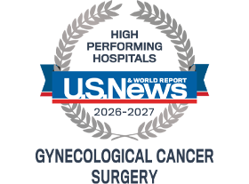 A silver badge that reads "High Performing Hospitals" for "Gynecological Cancer Surgery" along with the U.S. News & World Report logo and the years 2026-2027.