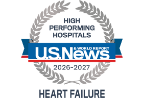 A silver badge that reads "High Performing Hospitals" for "Heart Failure" along with the U.S. News & World Report logo and the years 2026-2027.