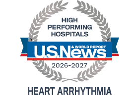 A silver badge that reads "High Performing Hospitals" for "Heart Arrhythmia" along with the U.S. News & World Report logo and the years 2026-2027.
