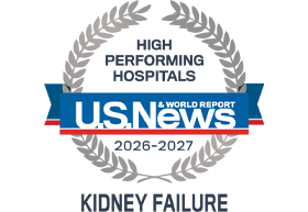 A silver badge that reads "High Performing Hospitals" for "Kidney Failure" along with the U.S. News & World Report logo and the years 2026-2027.