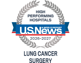 A silver badge that reads "High Performing Hospitals" for "Lung Cancer Surgery" along with the U.S. News & World Report logo and the years 2026-2027.