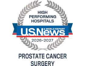 A silver badge that reads "High Performing Hospitals" for "Prostate Cancer Surgery" along with the U.S. News & World Report logo and the years 2026-2027.