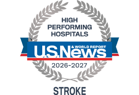 A silver badge that reads "High Performing Hospitals" for "Stroke" along with the U.S. News & World Report logo and the years 2026-2027.
