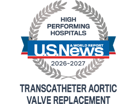 A silver badge that reads "High Performing Hospitals" for "Transcatheter Aortic Valve Replacement" along with the U.S. News & World Report logo and the years 2026-2027.