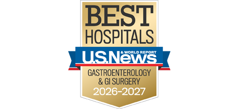 A gold badge that reads "Best Hospitals" for "Gastroenterology & GI Surgery" along with the U.S. News & World Report logo and the years 2026-2027.