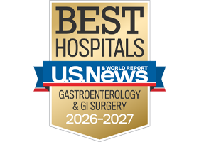 A gold badge that reads "Best Hospitals" for "Gastroenterology & GI Surgery" along with the U.S. News & World Report logo and the years 2026-2027.