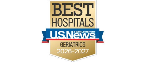A gold badge that reads "Best Hospitals" for "Geriatrics" along with the U.S. News & World Report logo and the years 2026-2027.