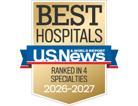 A gold badge that reads "Best Hospitals" and "Ranked in 4 Specialties" along with the U.S. News & World Report logo and the years 2026-2027.
