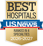 A gold badge that reads "Best Hospitals" and "Ranked in 4 Specialties" along with the U.S. News & World Report logo and the years 2026-2027.