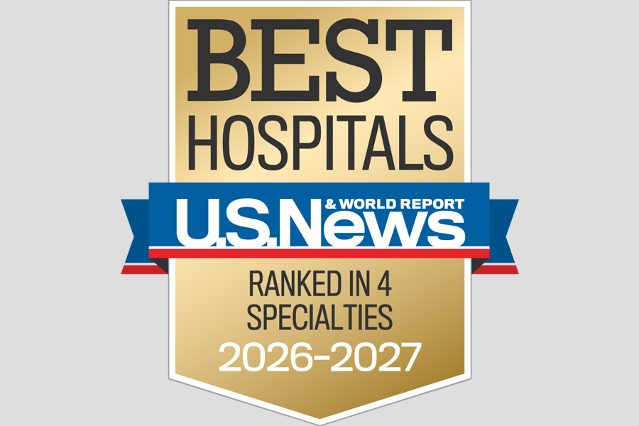 A gold badge that reads "Best Hospitals" and "Ranked in 4 Specialties" along with the U.S. News & World Report logo and the years 2026-2027.