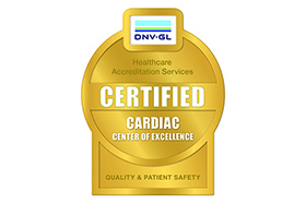 A gold badge that reads "Healthcare Accreditation Services," "Certified Cardiac Center of Excellence," "Quality & Patient Safety."