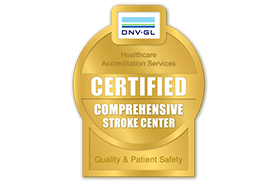 A graphic of a badge that reads "Healthcare Accreditation Services," "Certified Comprehensive Stroke Center," "Quality & Patient Safety."