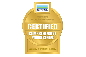 A gold badge that reads "DNV-GL Certified Comprehensive Stroke Center" as well as "Healthcare Accreditation Services" and "Quality & Patient Safety."