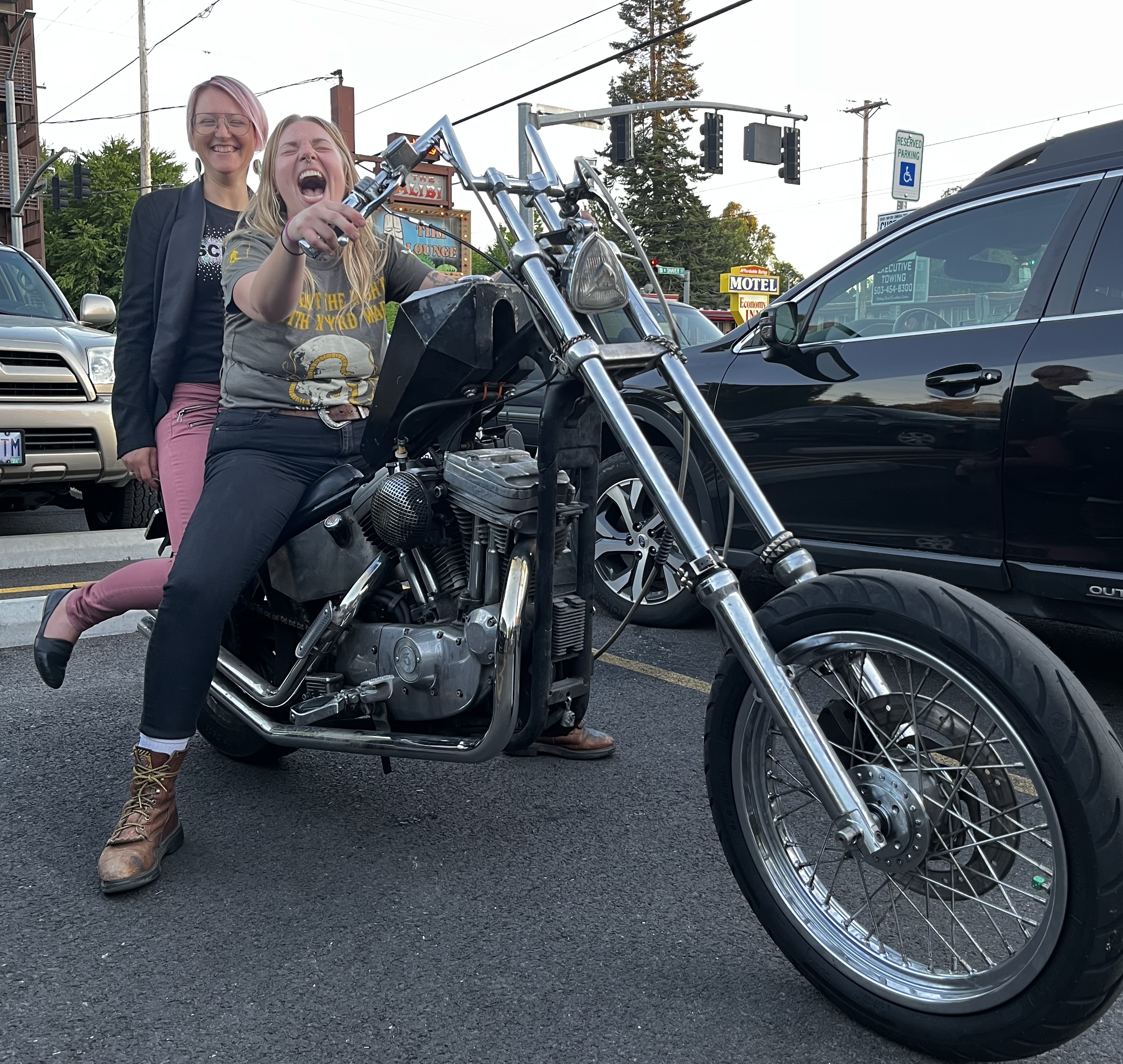 Bella and Rachael on a motorbike
