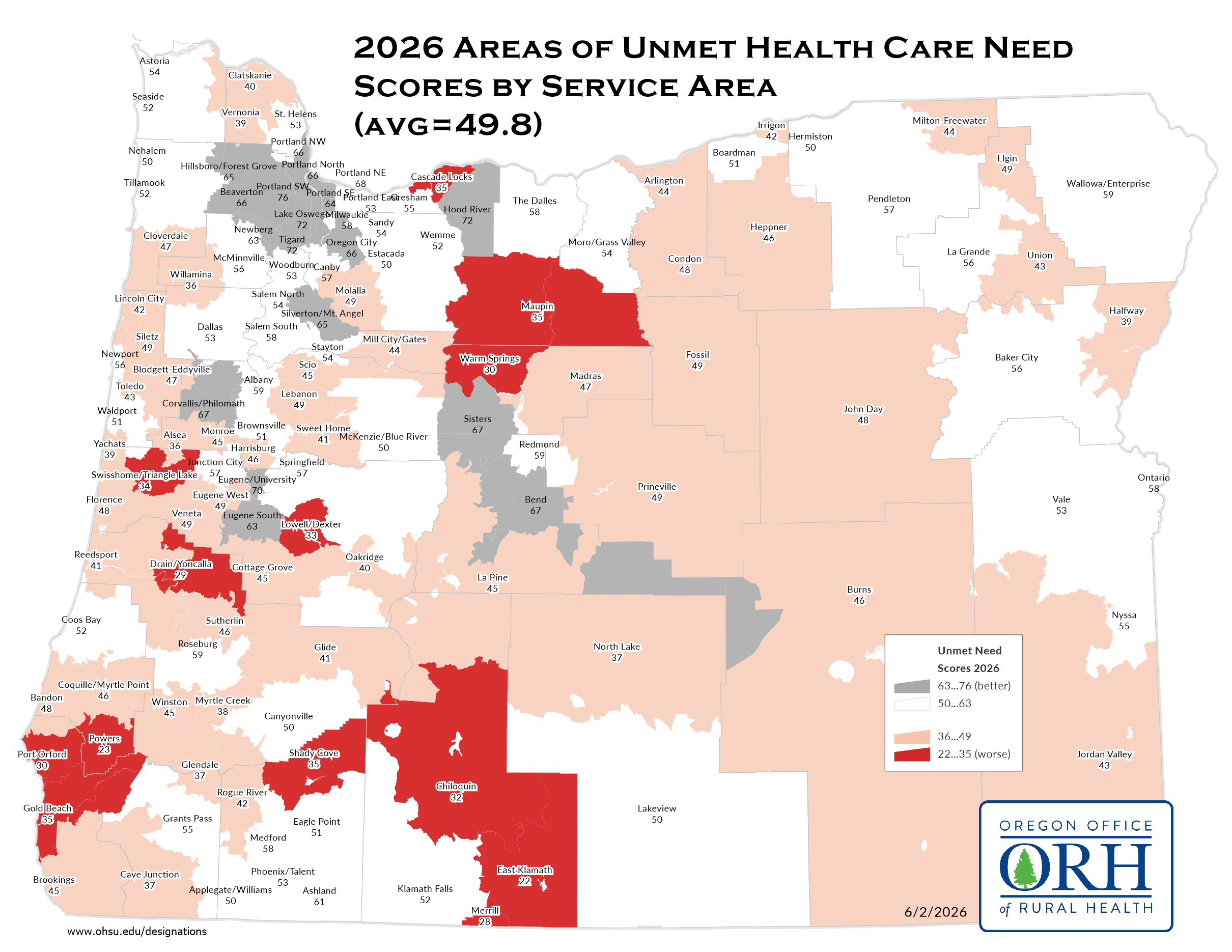 2026 Areas of Unmet Health Care Needs Map