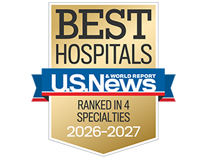 Badge representing the U.S. News & World Report Best Hospitals, ranked in 4 specialties, 2026-2027