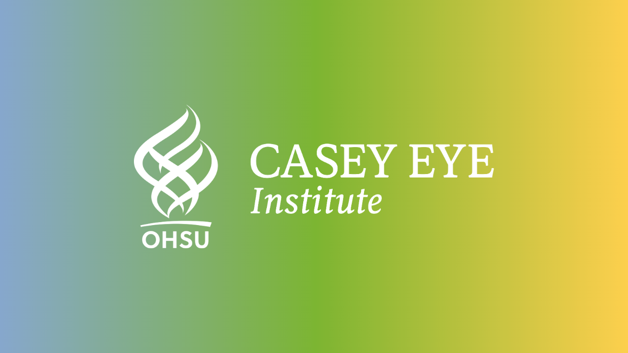 A white Casey Eye Institute logo sits on a gradient background of OHSU colors going left to right blue, green, yellow.