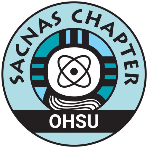 Round blue and black logo for The Society for the Advancement of Chicanos/Hispanics and Native Americans in STEM at OHSU