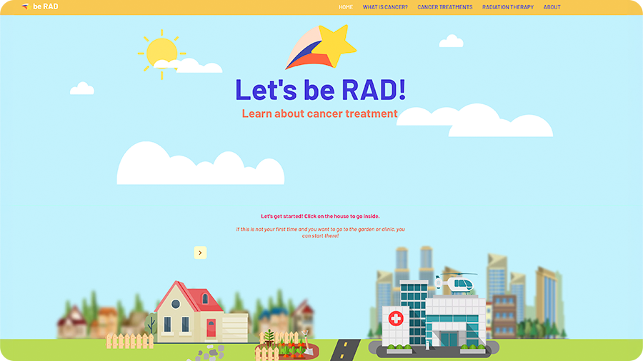 Screenshot of an interactive patient education website for children learning about cancer treatment and radiation therapy.