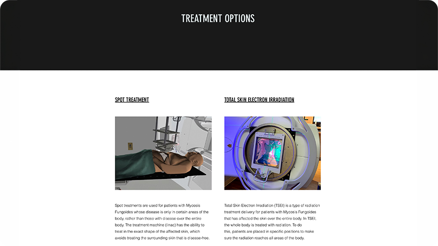 Screenshot of a patient education website showing radiation therapy treatment options for mycosis fungoides.