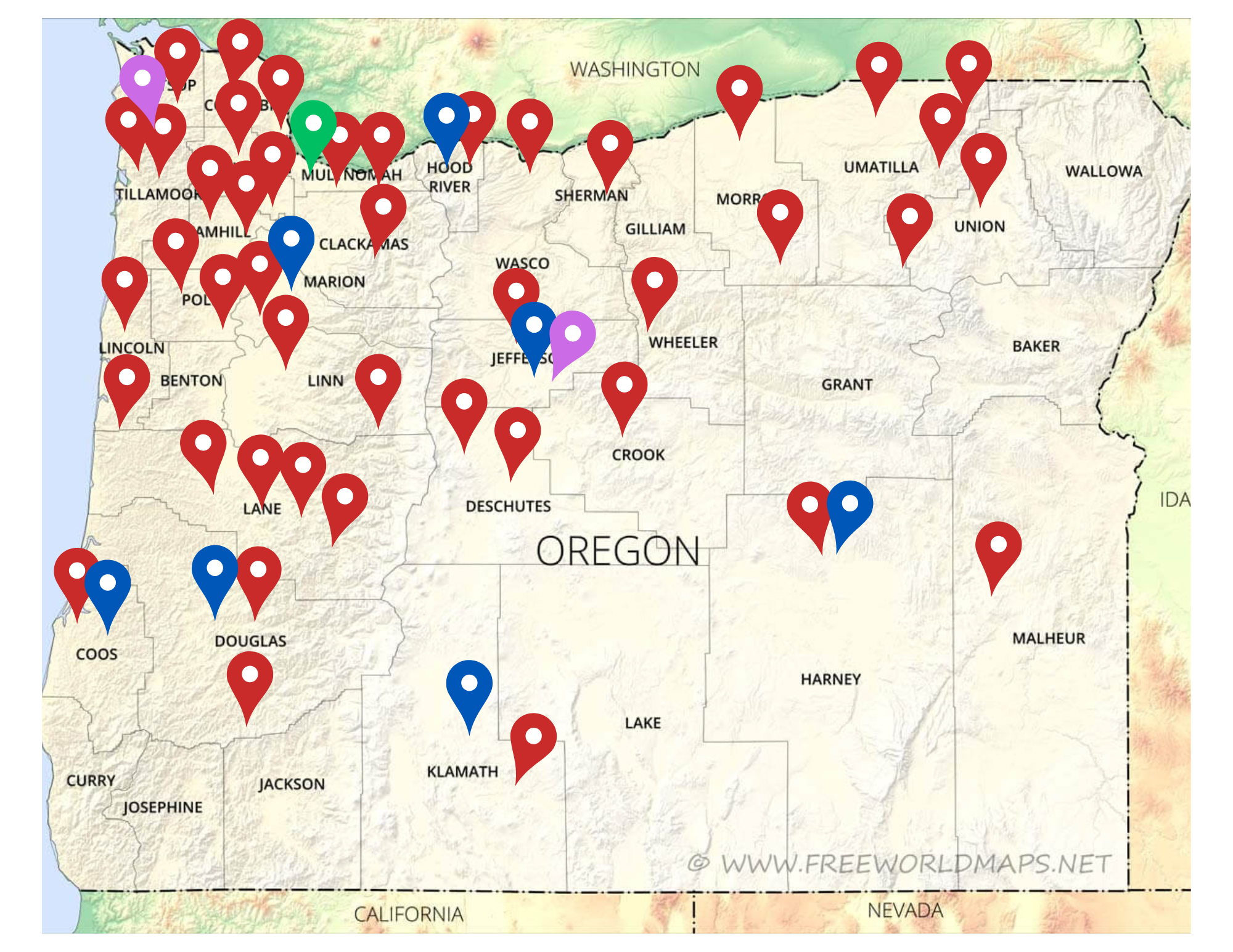 Map of Oregon with red, green, blue and pink pins all over the state identifying the different services offered by the Oregon Vision Health Network.
