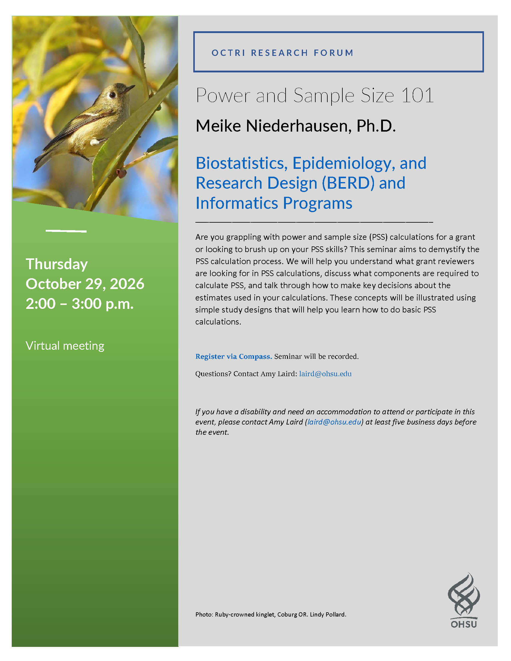 Flier for BERD's Power and Sample Size 101 Seminar on October 29, 2026.