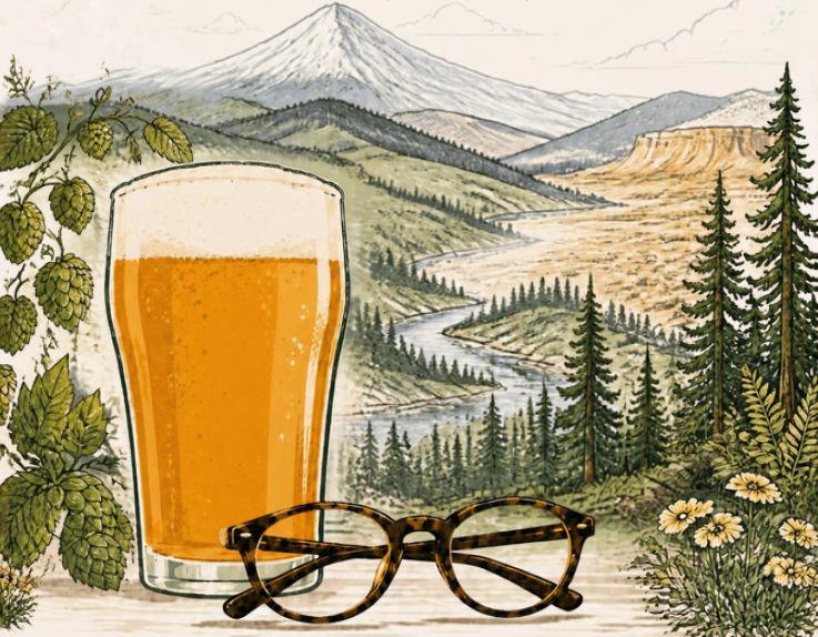 a drawing in browns and greens of a pacific northwest landscape with green hills, a river, and a mountain in the background. In the foreground is a pint of beer and a pair of glasses laying next to it.